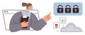 Woman managing security with clipboard, pointing at multiple locks, cloud storage, and personal data icons Royalty Free Stock Photo