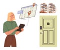Woman Managing Smart Home Access Using Tablet with Map, Apartment Storage, and Locked Door Elements Royalty Free Stock Photo