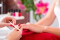Woman at manicure in nail parlor with file