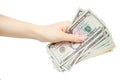 Woman manicured hand hold or given money isolate on white