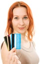 Woman with many different credit cards. Royalty Free Stock Photo