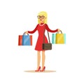 Woman With Many Paper Bags Shopping In Department Store ,Cartoon Character Buying Things In The Shop