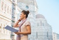 Woman with map and audio guide in florence, italy Royalty Free Stock Photo