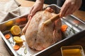 Woman marinating whole turkey at table