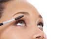 Woman, mascara and makeup application or cosmetics, studio and beauty tools or equipment. Female model person, eyelash