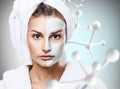 Woman with mask on face in big molecules chain Royalty Free Stock Photo