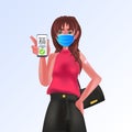 woman in mask holding smartphone with digital immunity passport qr code on screen risk free covid-19 pandemic