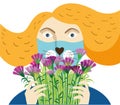 Woman in a mask with a muzzle holding a bouquet of cornflowers