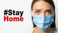 Woman In Mask And Stay Home Hashtag On White Background