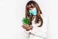 Woman in mask. Virus and smog concept. Corona virus outbreaking. Epidemic virus Respiratory Syndrome.