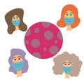 Woman5 in masks around the rose infested the planet. Flat style illustration. Girls with different hairstyles and hair color, sore