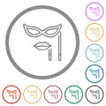 Woman masquerade mask with stick outline flat icons with outlines Royalty Free Stock Photo