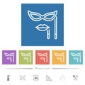 Woman masquerade mask with stick outline flat white icons in square backgrounds Royalty Free Stock Photo