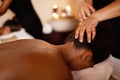 Woman, masseuse and head massage on bed with hospitality, peace and luxury stress relief at hotel. Relax, wellness and