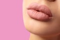 Woman with matte lipstick on pink, closeup Royalty Free Stock Photo