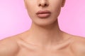 Woman with matte lipstick on pink, closeup Royalty Free Stock Photo