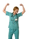 Woman md emergency doctor or nurse posing smiling cheerful with stethoscope showing biceps Royalty Free Stock Photo