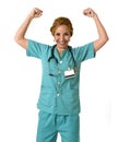 Woman md emergency doctor or nurse posing smiling cheerful with stethoscope showing biceps Royalty Free Stock Photo