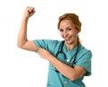 Woman md emergency doctor or nurse posing smiling cheerful with stethoscope showing biceps Royalty Free Stock Photo