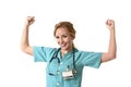 Woman md emergency doctor or nurse posing smiling cheerful with stethoscope showing biceps Royalty Free Stock Photo