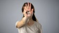 Woman with me too sign on hand, movement against sexual harassment, victim Royalty Free Stock Photo