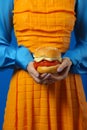 Woman meal art hamburger person american hand concept blue burger fast yellow