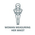 Woman measuring her waist,diet fitness vector line icon, linear concept, outline sign, symbol Royalty Free Stock Photo