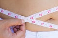 A woman is measuring her waist with a tapeline