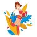 Woman with measuring tape around her body vector illustration. Female cartoon character with slim waist, fitness