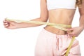 Woman with measuring tape. Weight loss concept. Woman take waist scale tape show her thin waist. Slim girl with Royalty Free Stock Photo