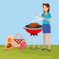 Woman with meat food grill and hamper