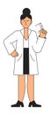 Woman in medical coat thinking. Standing person with glasses