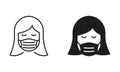 Woman in Medical Face Mask Line and Silhouette Icon Set. Face Protection, Mask Cover for Nose and Mouth. Wear Respirator