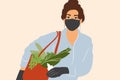 Woman in medical mask and gloves with shopping bag full of fresh food