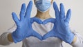 Woman with a medical mask and hands in latex glove shows the symbol of the heart. Doctor for the heart. Love to our pancreas.