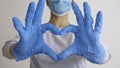 Woman with a medical mask and hands in latex glove shows the symbol of the heart. Doctor for the heart. Love to our pancreas. Royalty Free Stock Photo