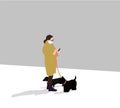 Woman in medical mask during pandemic isolation walking with her dog and using mobile phone on the street Royalty Free Stock Photo