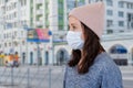 A woman in a medical mask on the quarantine. Portrait of a female in a protective face mask against coronavirus