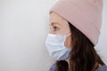 A woman in a medical mask on the quarantine. Portrait of a female in a protective face mask against coronavirus