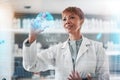 Woman, medical and research with hologram, futuristic or check results with connection, chemistry or digital app. Person