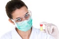 Woman medical scientific researcher doctor scientist holds in hand a test tube with covid19 virus coronavirus