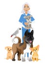 Woman veterinarian with a dog in her arms and dogs around