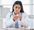 Woman with medication prescription, health and doctor in hospital office, focus and reading instruction label Royalty Free Stock Photo