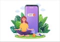 Woman meditate in lotus pose retreating from social media and internet by turning off smartphone. Digital detox concept.