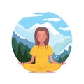 Woman meditates and imagines herself in the mountains and in silence. Relax in lotus yoga pose