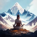 A Woman Meditates in the Mountains, Meditation, Yoga, Nature, Landscape, Generative AI Illustration