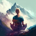 A Woman Meditates in the Mountains, Meditation, Yoga, Nature, Landscape, Generative AI Illustration