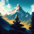 A Woman Meditates in the Mountains, Meditation, Yoga, Nature, Landscape, Generative AI Illustration