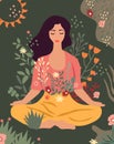 A woman meditates in a yoga lotus position surrounded by leaves and flowers. Concept of yoga practice, meditative