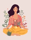 A woman meditates in a yoga lotus position surrounded by leaves and flowers. Concept of yoga practice, meditative